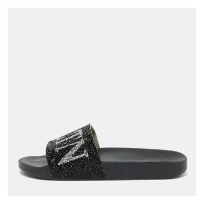 Valentino Black Leather VLTN Crystal Embellished Flat Slides Size