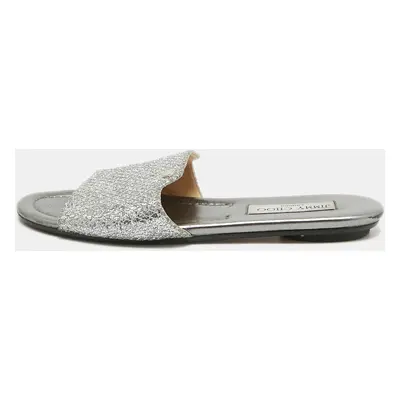 Jimmy Choo Silver Glitter and Leather Nanda Flat Slides Size