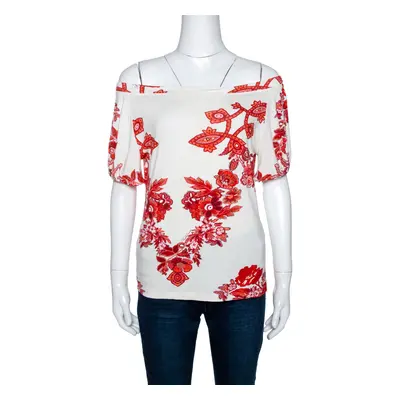 Roberto Cavalli White and Red Floral Print Off Shoulder Top