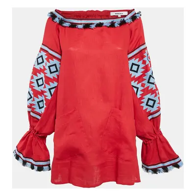 March Red Tribal Motif Embroidered Linen Mini Dress