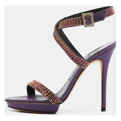 Gina Purple Leather Crystal Embellished Ankle Strap Sandals Size