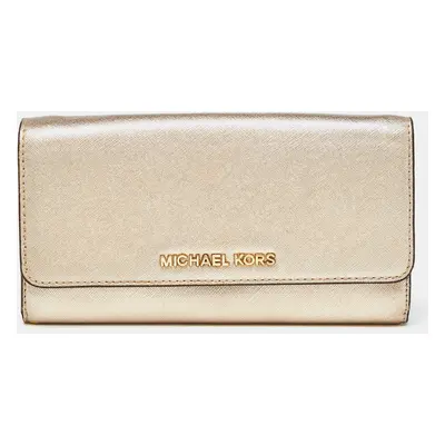 Michael Kors Gold Leather Jet Set Travel Wallet On Chain