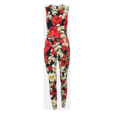 Dolce & Gabbana Black Floral Print Jersey Catsuit Jumpsuit