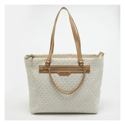 Michael Kors Beige/White Signature Coated Canvas and Leather Large Slater Tote