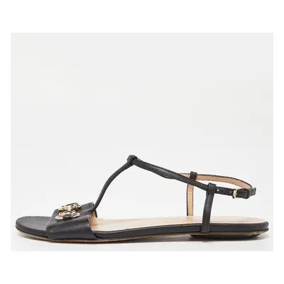 Gucci Black Leather Horsebit T-Strap Flat Sandals Size