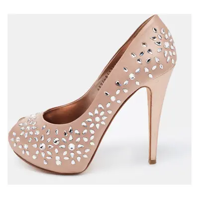 Gina Beige Satin Embellished Peep Toe Platform Pumps Size 39.5