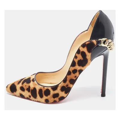 Christian Louboutin Brown Patent and Calf hair Leopard Print Hot Chick Pumps Size 37.5