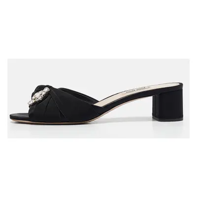 Miu Miu Black Satin and Knotted Fabric Crystal Embellished Slide Sandals Size