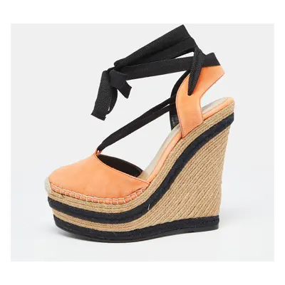 Gucci Orange/Black Suede Wedge Espadrille Sandals Size