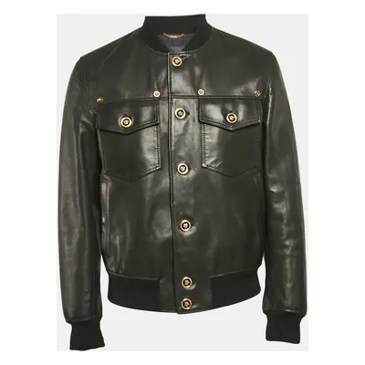 Versace Black Leather Button Detail Bomber Jacket