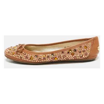 Jimmy Choo Brown Leather Crystal Embellished Ballet Flats Size