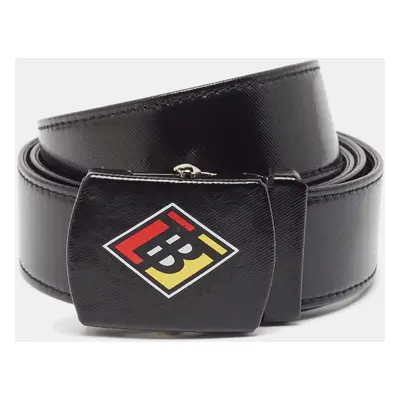 Burberry Black Coated Canvas and Leather Graphic Plaque Buckle Belt