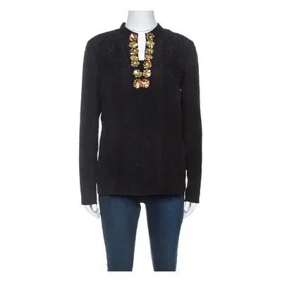 Tory Burch Black Embossed Silk Embellished Tunic Top