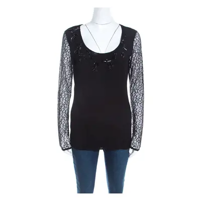 Escada Black Lace Overlay Jersey Crystal Embellished Scoop Neck Erbrou Top