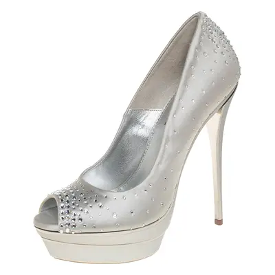 Loriblu Silver Satin Crystal Embellished Peep Toe Platform Pumps Size