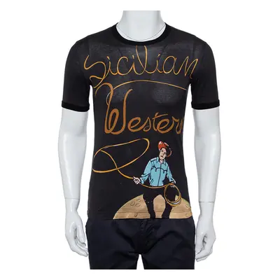 Dolce & Gabbana Black Sicilian Western Printed Cotton Crewneck T-Shirt