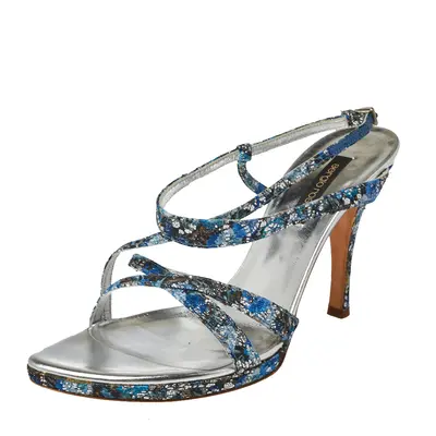 Sergio Rossi Blue Glittered Fabric Strappy Sandals Size