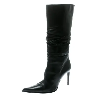 Le Silla Black Leather Rucched Detail Calf Length Pointed Toe Boots Size