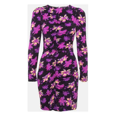 Maje Purple Floral Print Crepe Ruched Mini Dress