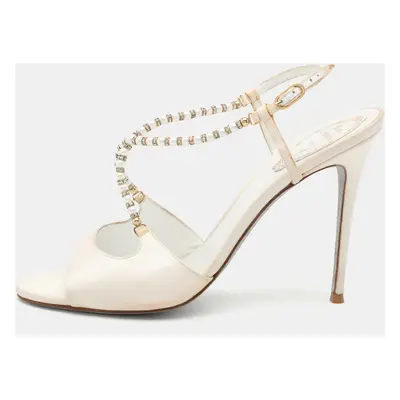 René Caovilla White Satin Embellished Slingback Sandals Size