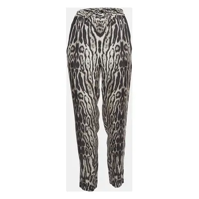 Roberto Cavalli Black Leopard Print Silk Drawstring Waist Trousers