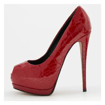 Giuseppe Zanotti Red Croc Embossed Patent Leather Peep Toe Platform Pumps Size