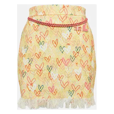 Elisabetta Franchi Yellow Hearts print Cotton Canvas Fringed Mini Skirt