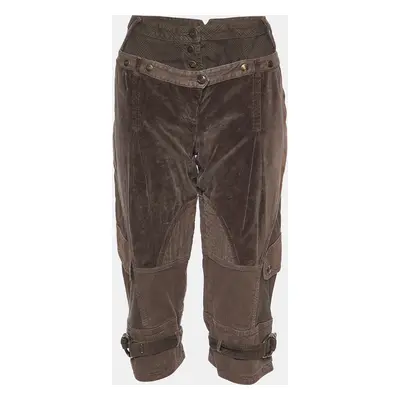 Just Cavalli Brown Checked & Velvet Cotton Paneled Capri Pants