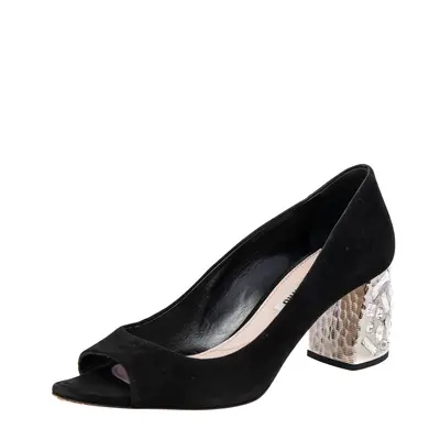 Miu Miu Black Suede Crystal Embellished Heel Peep Toe Pumps Size