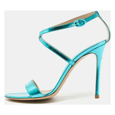 Gianvito Rossi Metallic Blue Leather Cross Ankle Strap Sandals Size