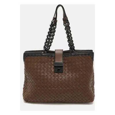 Bottega Veneta Brown/Black Intrecciato Leather and Karung Chain Tote