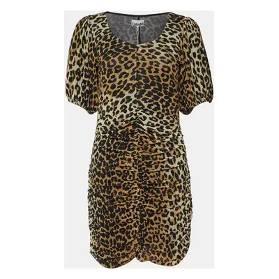 Ganni Brown Animal Printed Mesh Ruched Mini Dress