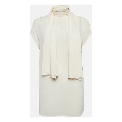 Versace Cream Silk Tie-Up Neck Sleeveless Blouse