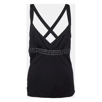 Versace Black Jersey Crystal Greca Embellished Tank Top