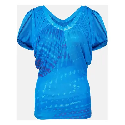 Roberto Cavalli Blue Printed Jersey Draped Sleeve Top