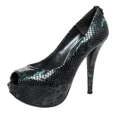 Stuart Weitzman Multicolor Python Embossed Leather Platform Peep Toe Pumps Size