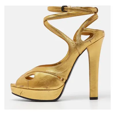 Bottega Veneta Gold Leather Ankle Strap Platform Sandals Size