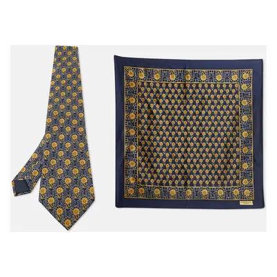 Lanvin Navy Blue Floral Print Satin Silk Pocket Square and Tie