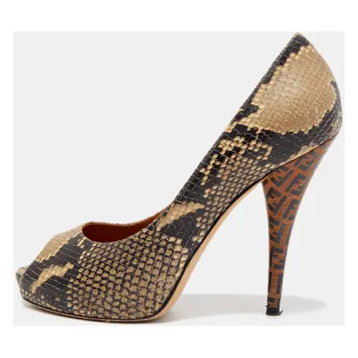 Fendi Brown Python Embossed Leather Peep Toe Pumps Size 39.5