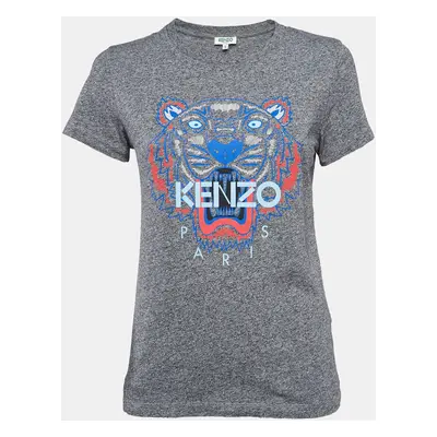 Kenzo Grey Lion Print Melange Knit T-Shirt