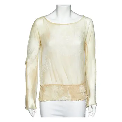 Just Cavalli Pale Yellow Printed Crepe Elasticized Hem Blouse