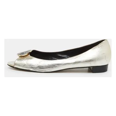 CH Carolina Herrera Gold Leather Logo Peep-Toe Ballet Flats Size