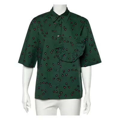 Marni Green Printed Ruffled Trim Pocket Detailed Button Front Shirt