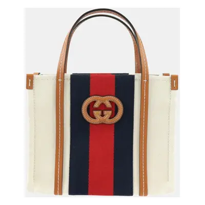 Gucci Beige Red Navy Green Brown Canvas Leather Sherry Line Interlocking G Mini Tote Bag