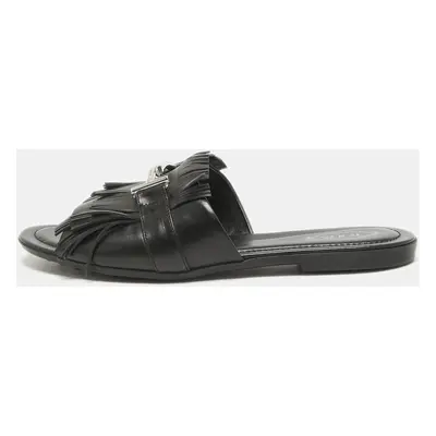 Tod's Black Leather Fringed Double T Buckle Flat Slides Size