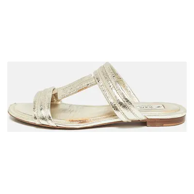 Tod's Gold Textured Leather Double T Strap Flat Slides Size