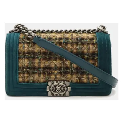 Chanel Velour Tweed Brown Multicolor Green Boy Chanel Matelasse Coco Mark Chain Shoulder Bag