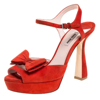 Miu Miu Red Suede Bow Ankle Strap Platform Sandals Size