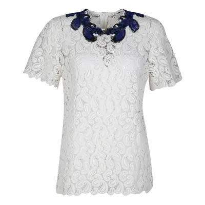 Mary Katrantzou White Paisley Guipure Lace Contrast Applique Birk Top