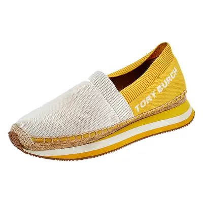 Tory Burch White/Yellow Knit Fabric Daisy Espadrille Slip On Sneakers Size 38.5